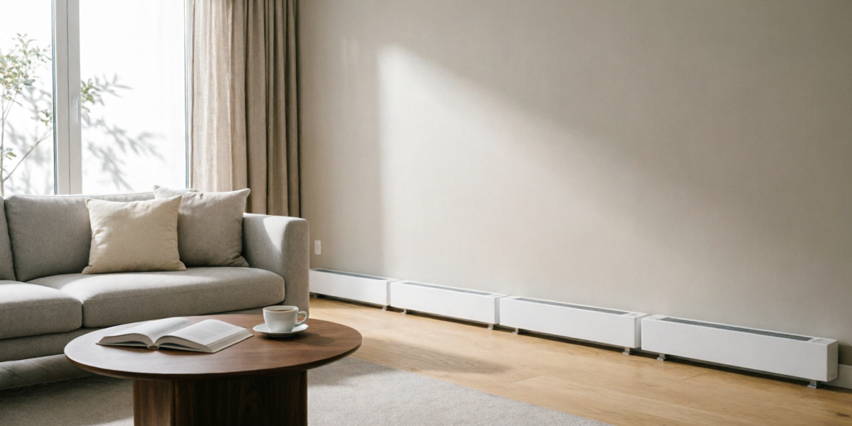 Modern living room with sleek electric baseboard heaters installed along the walls, demonstrating efficient zone heating in a contemporary home